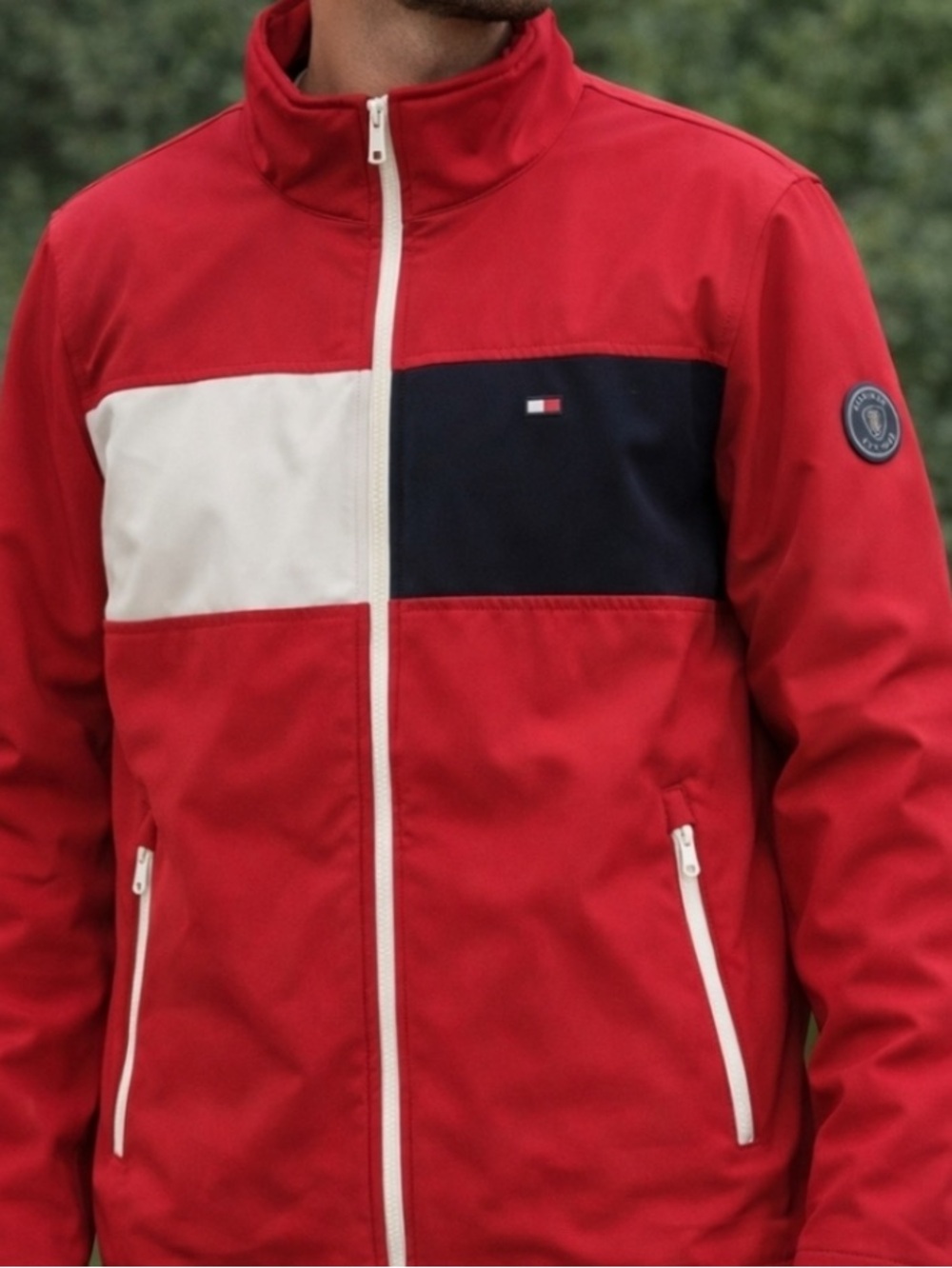 NWT Tommy Hilfiger Red Windbreaker with Navy & White Panels Water Resistant
